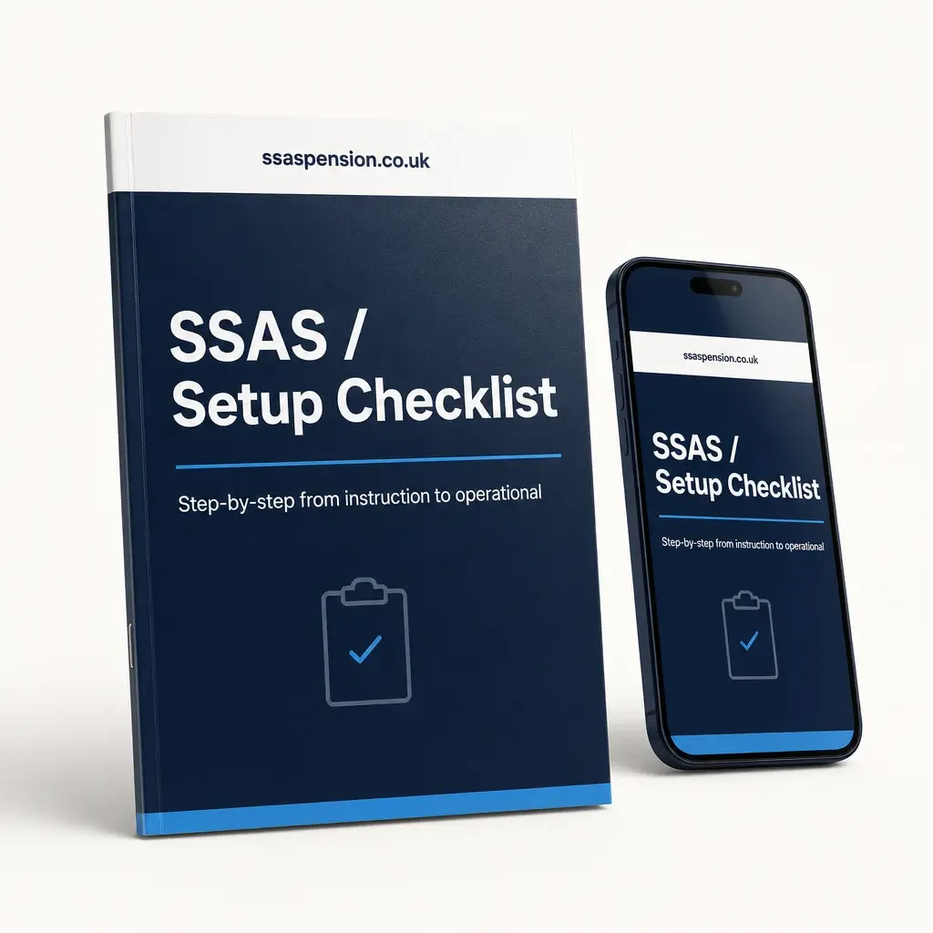 SSAS Setup Checklist — printed booklet and phone mockup, ssaspension.co.uk