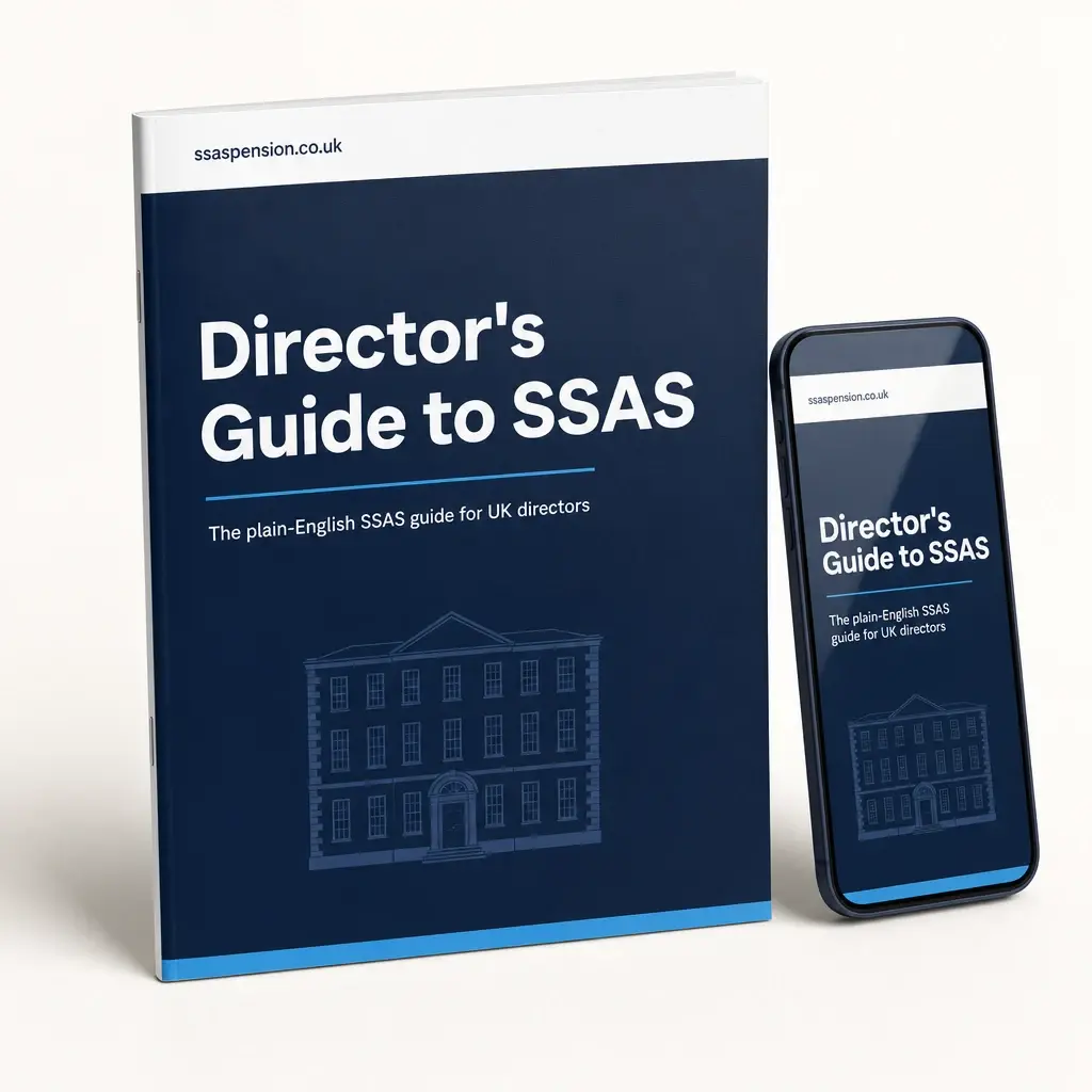 Director's Guide to SSAS — printed booklet and phone mockup, ssaspension.co.uk
