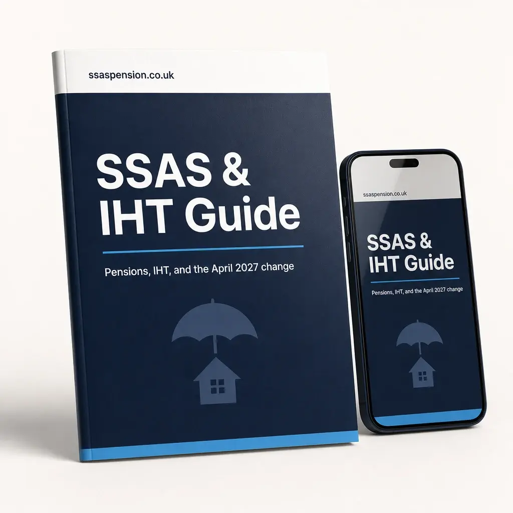 SSAS IHT Guide — printed booklet and phone mockup, ssaspension.co.uk