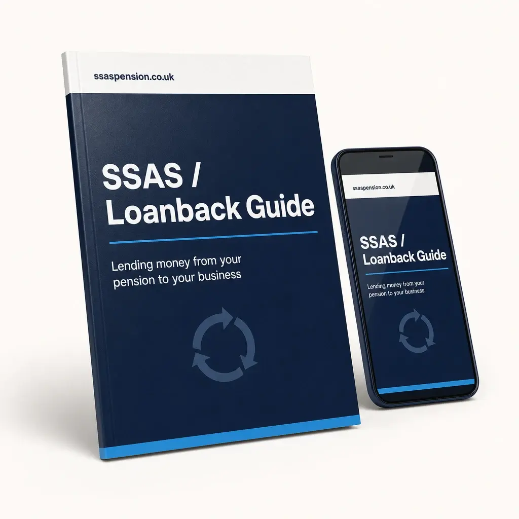 SSAS Loanback Guide — printed booklet and phone mockup, ssaspension.co.uk