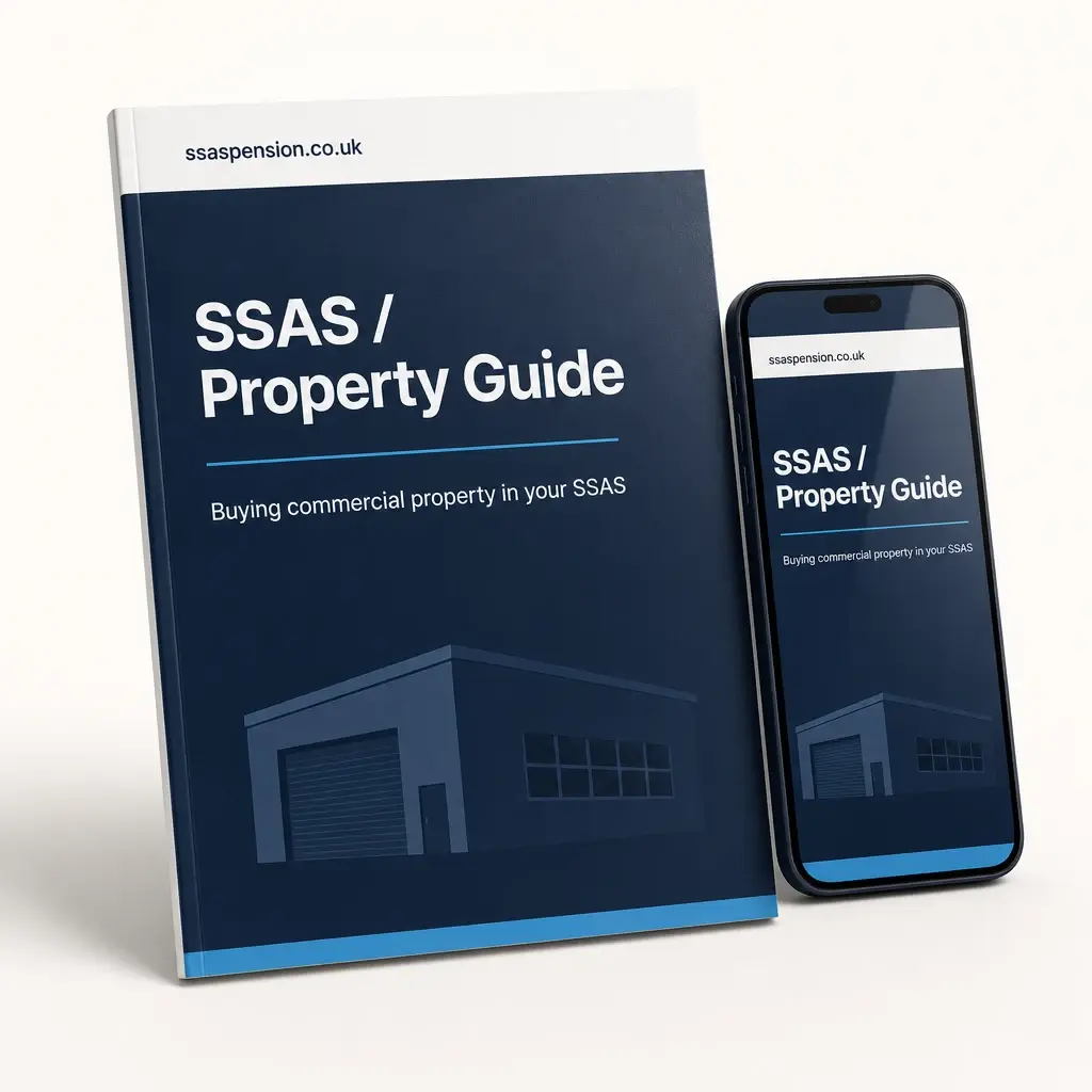SSAS Property Guide — printed booklet and phone mockup, ssaspension.co.uk