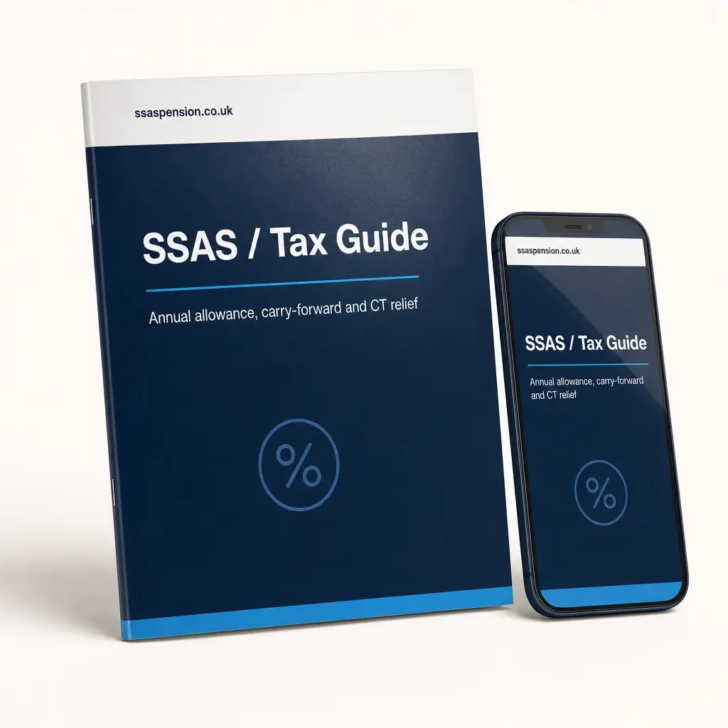 SSAS Tax Guide — printed booklet and phone mockup, ssaspension.co.uk
