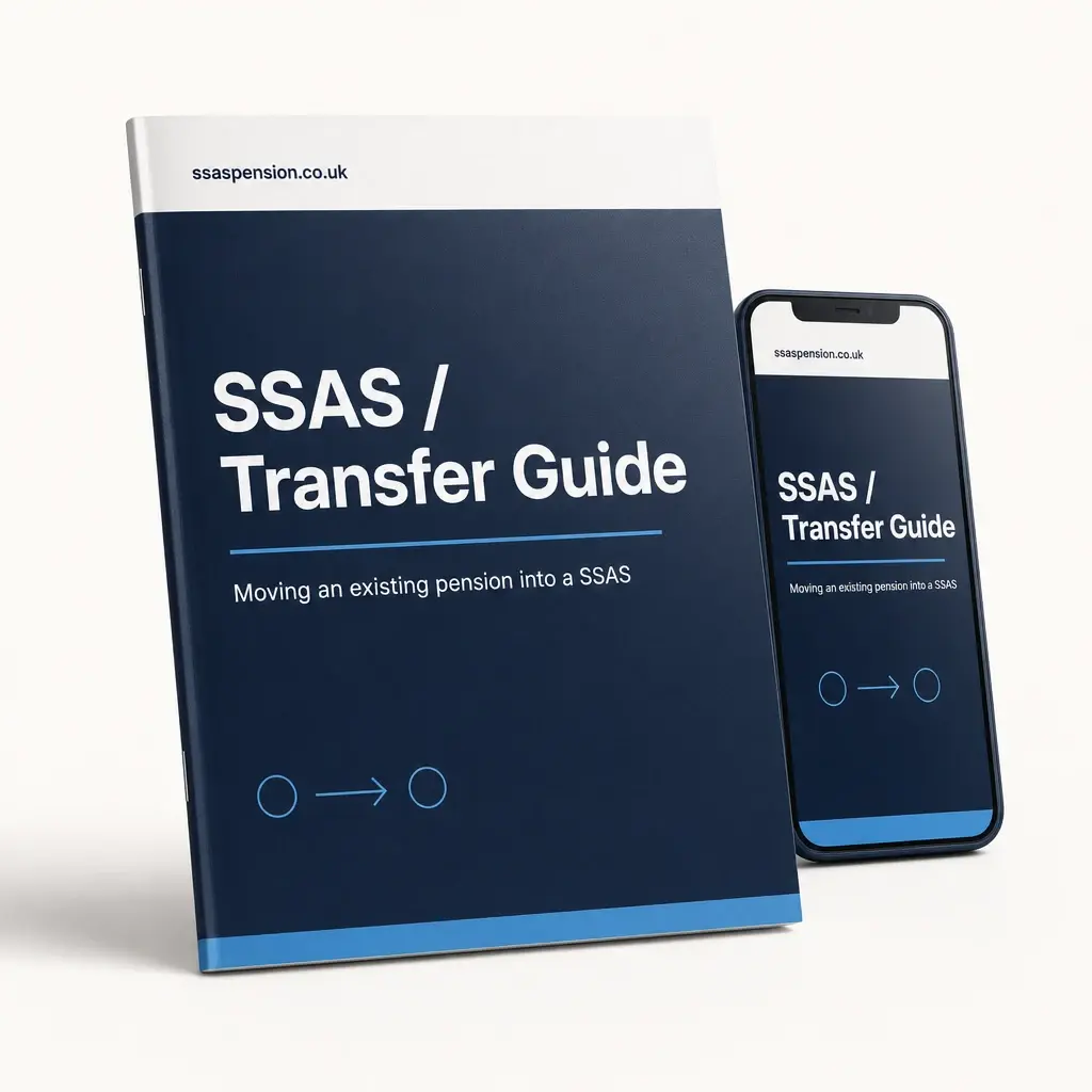 SSAS Transfer Guide — printed booklet and phone mockup, ssaspension.co.uk