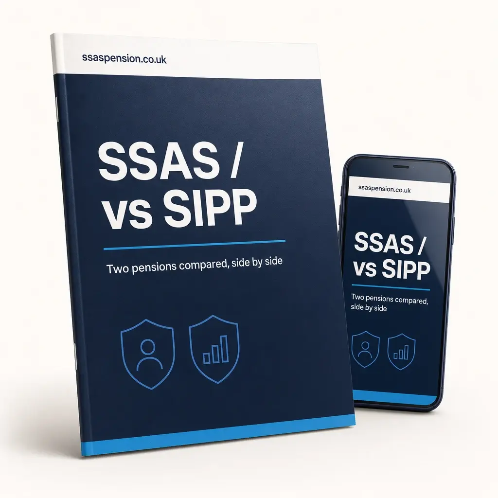 SSAS vs SIPP Guide — printed booklet and phone mockup, ssaspension.co.uk
