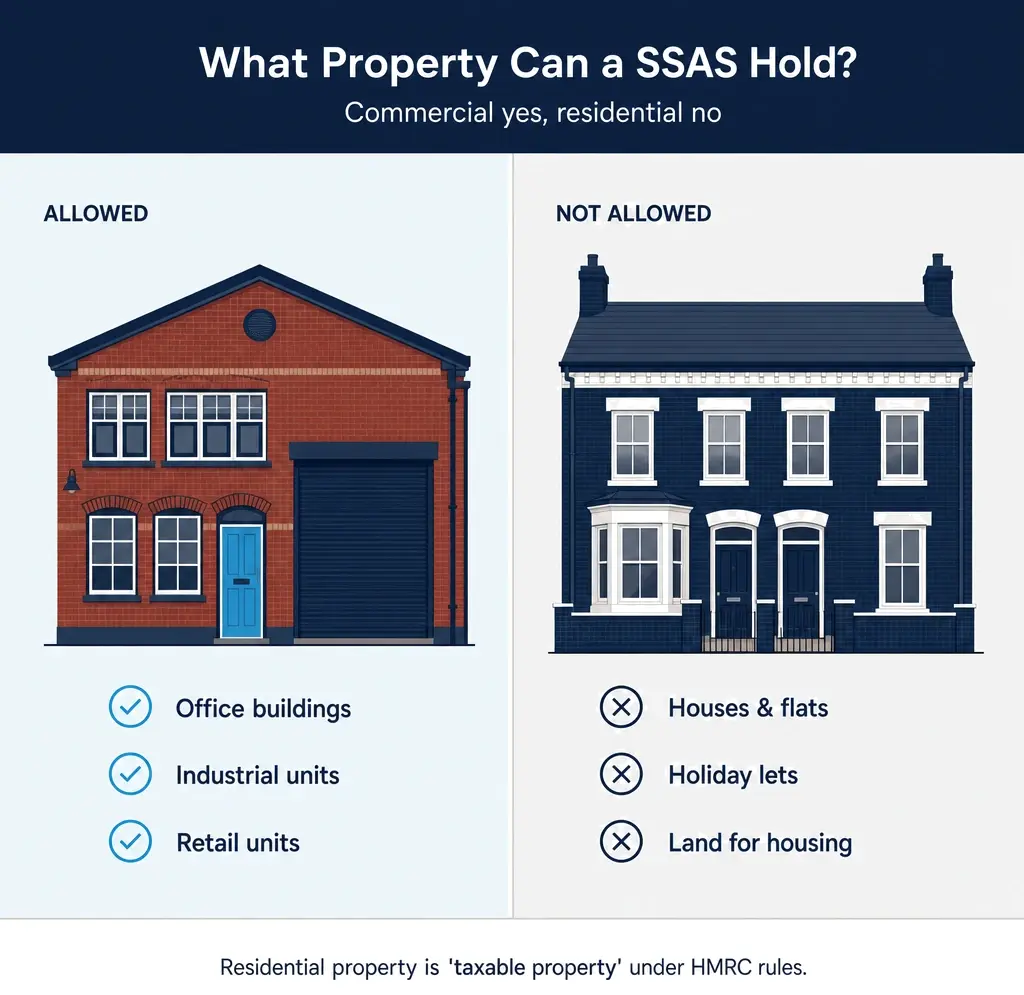 Comparison: commercial property is allowed in a SSAS, residential property is not.