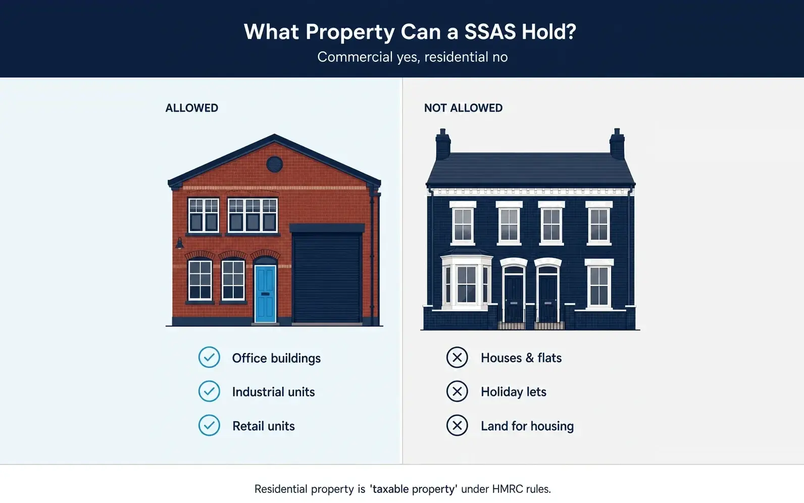 What a SSAS can hold - commercial property allowed, residential not allowed under HMRC rules