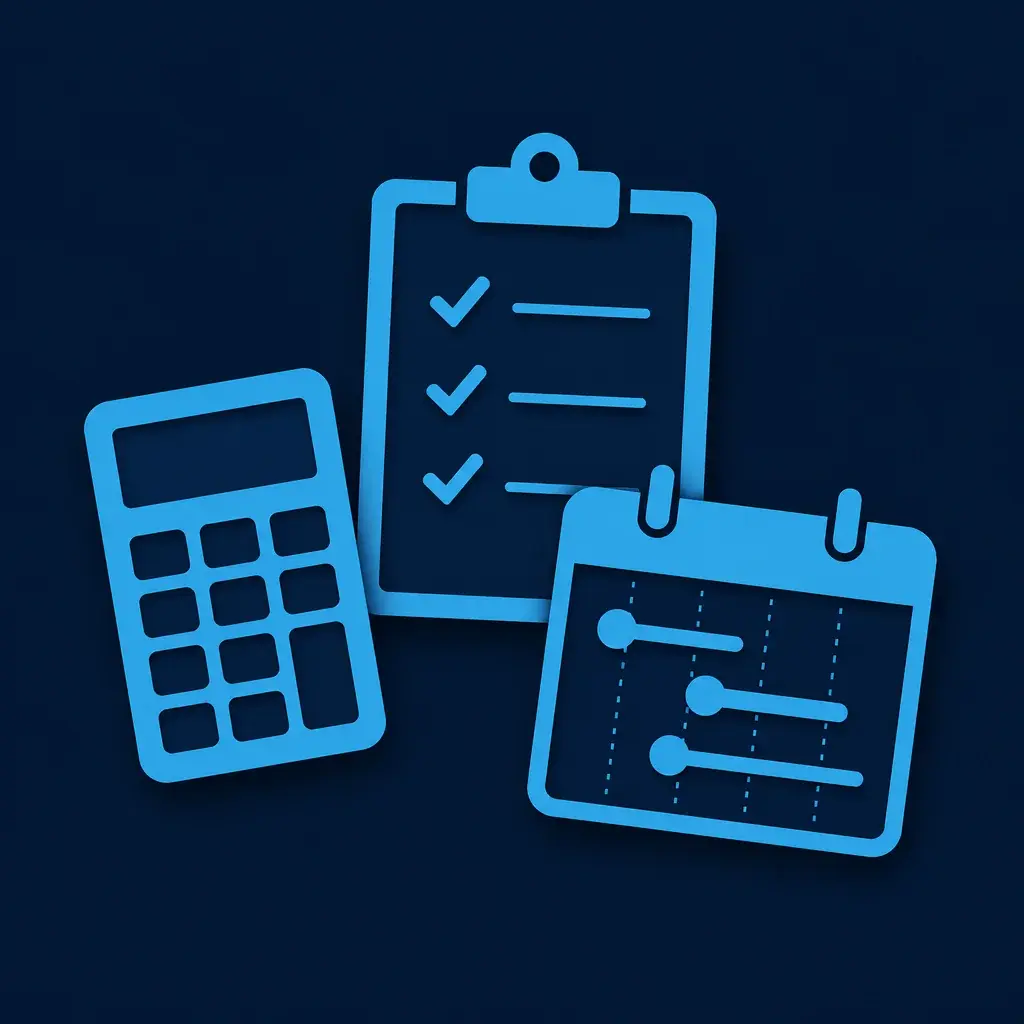Calculator, checklist, and timeline icons representing the suite of free SSAS pension tools