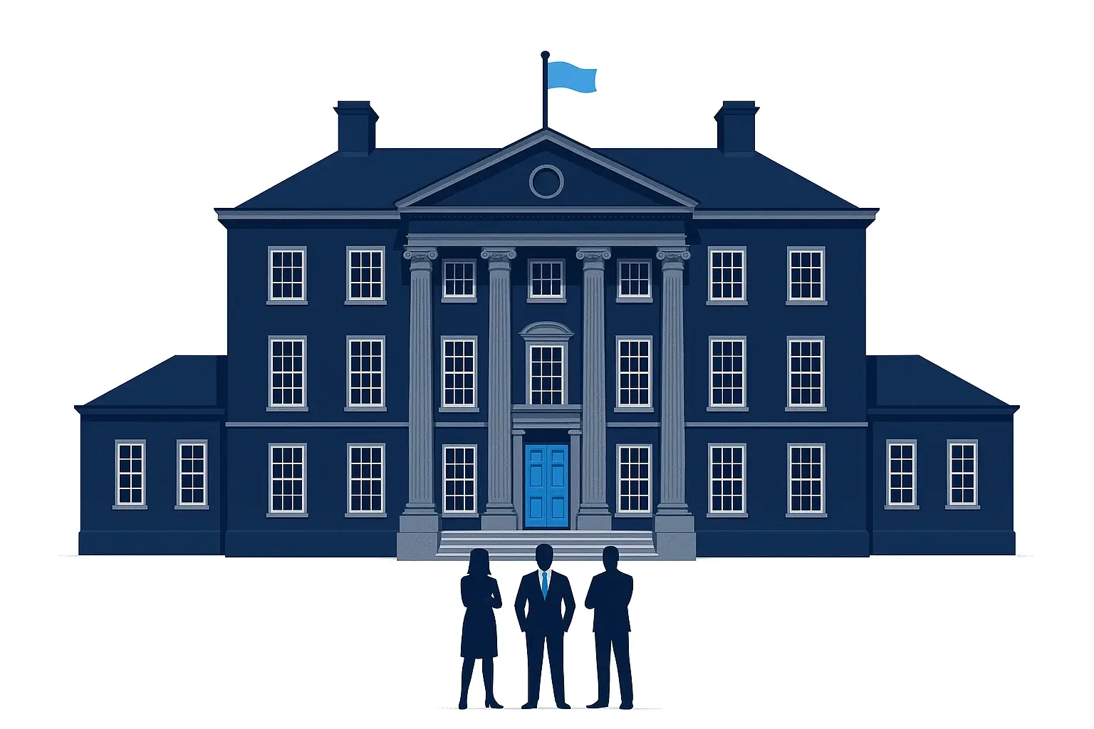 Illustration of a SSAS pension scheme - HMRC-registered trust building with trustees outside